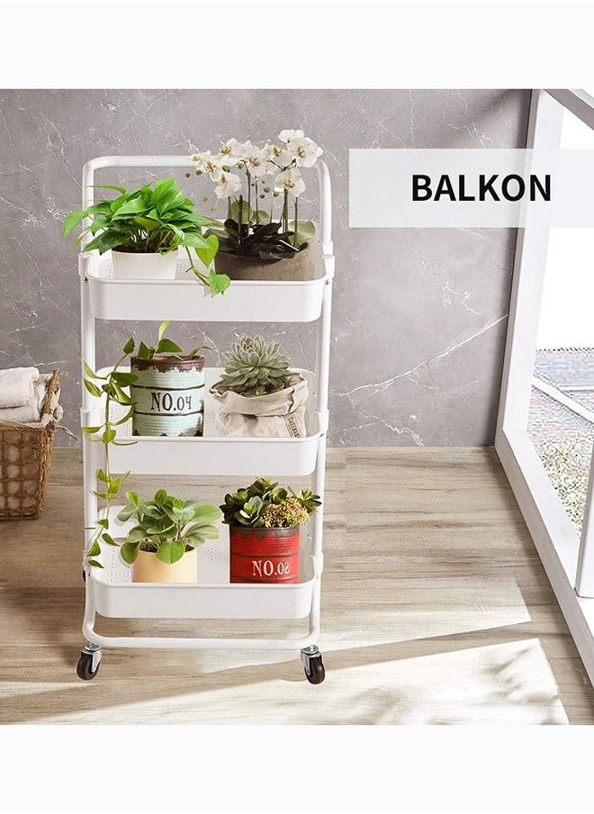 Cady One 3-Tier Multipurpose Rolling Shelves Metal Cart Organizer White 85x45x35cm  - Image 4