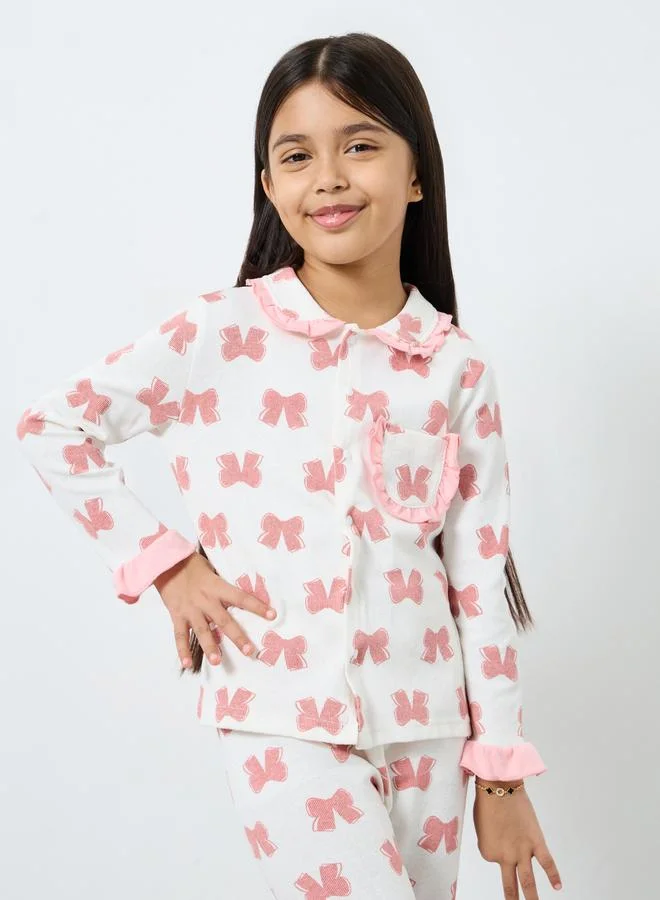 Styli Styli Girls Bow Print Shirt and Pyjama Set