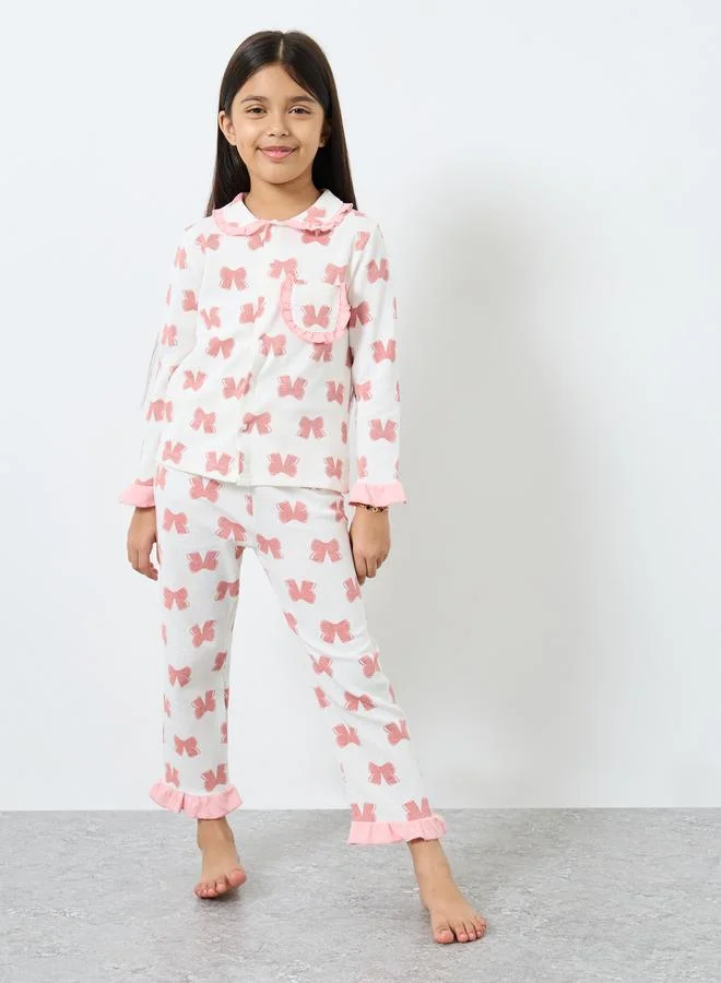 Styli Styli Girls Bow Print Shirt and Pyjama Set