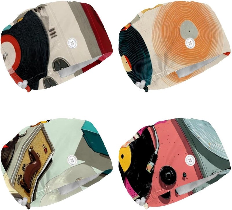4 Packs Color Record Player Pattern (1) Working Cap and Sweatband Adjustable Tie Back Bouffant Hats for Woman Man - Image 1