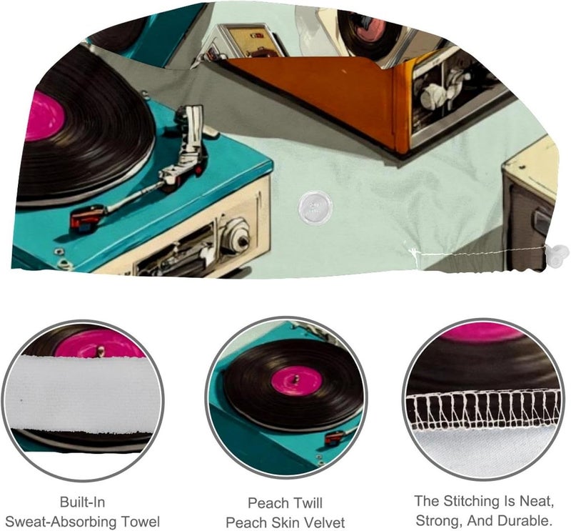 4 Packs Color Record Player Pattern (1) Working Cap and Sweatband Adjustable Tie Back Bouffant Hats for Woman Man - Image 4