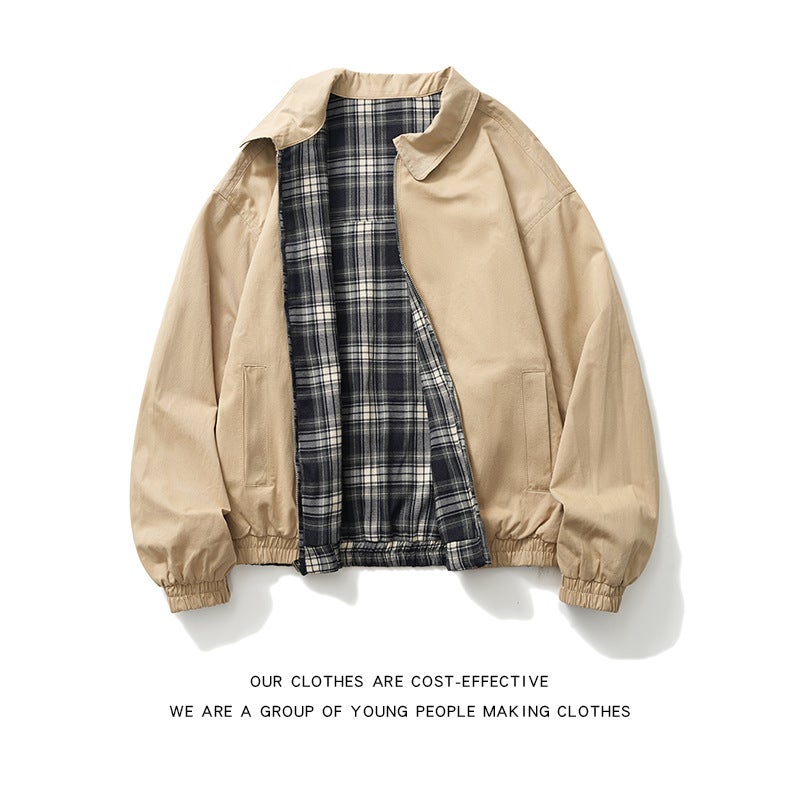 Japanese Style Simple Plaid Work Coat Mens Lapel Trendy Brand American Style High Street Two-sided Wear Couples Casual Jacket Top Black - Image 3