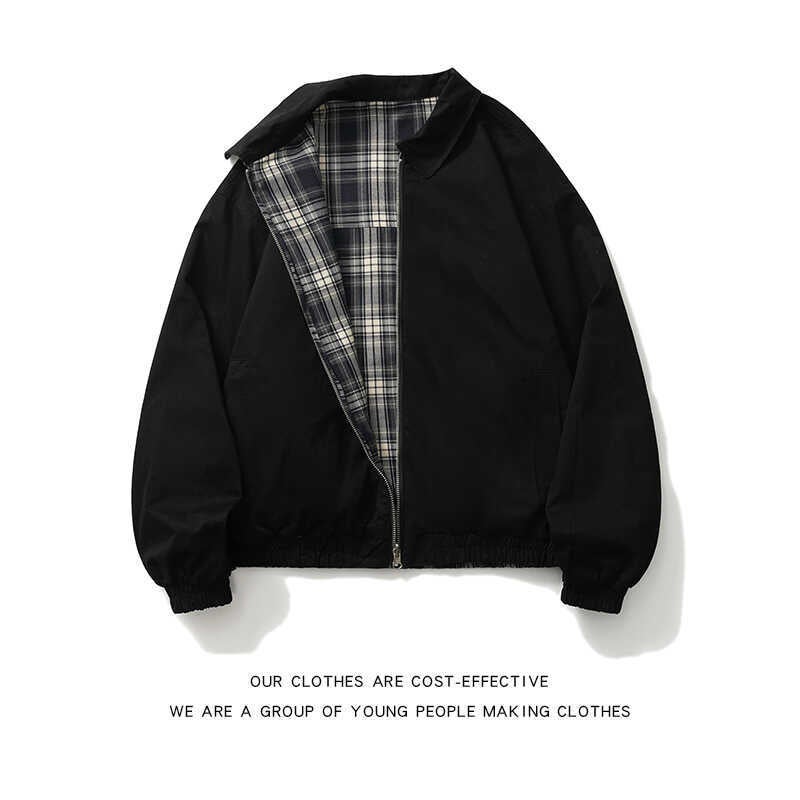Japanese Style Simple Plaid Work Coat Mens Lapel Trendy Brand American Style High Street Two-sided Wear Couples Casual Jacket Top Black - Image 4