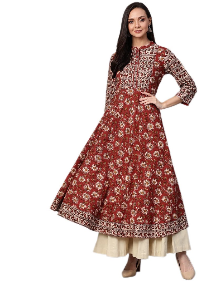 Yash Gallery Women's Floral Printed Yoke Design Pure Cotton 3/4 Sleeve Indian Anarkali Kurta Maroon - Image 3