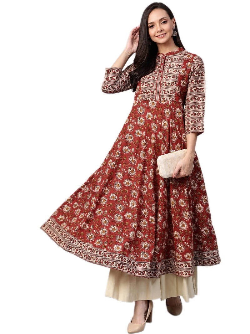 Yash Gallery Women's Floral Printed Yoke Design Pure Cotton 3/4 Sleeve Indian Anarkali Kurta Maroon - Image 1