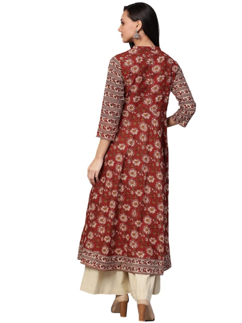 Yash Gallery Women's Floral Printed Yoke Design Pure Cotton 3/4 Sleeve Indian Anarkali Kurta Maroon - Image 4