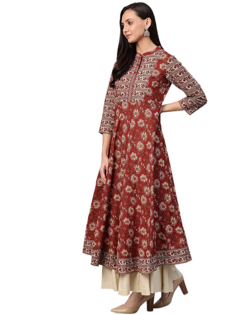 Yash Gallery Women's Floral Printed Yoke Design Pure Cotton 3/4 Sleeve Indian Anarkali Kurta Maroon - Image 2