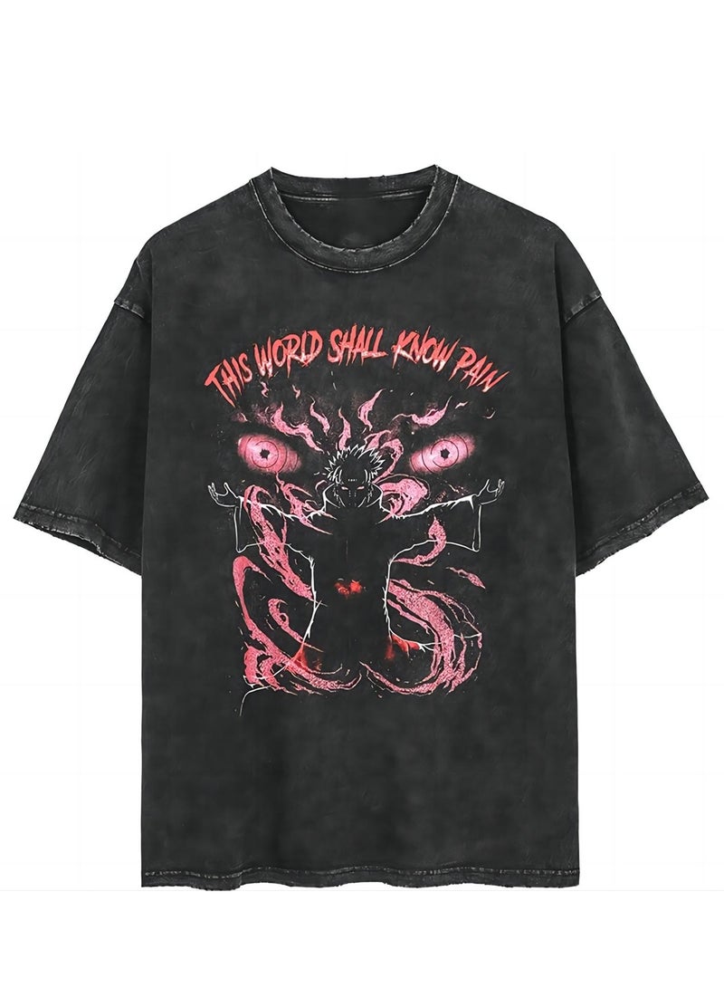 New old dark anime print street retro t-shirt trendy round neck short-sleeved men's t-shirt - Image 1