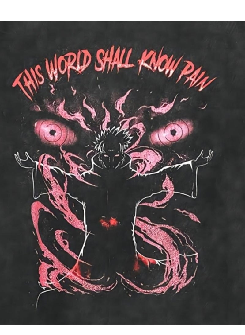 New old dark anime print street retro t-shirt trendy round neck short-sleeved men's t-shirt - Image 3