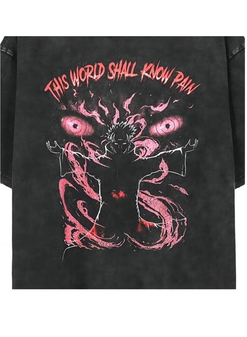 New old dark anime print street retro t-shirt trendy round neck short-sleeved men's t-shirt - Image 4