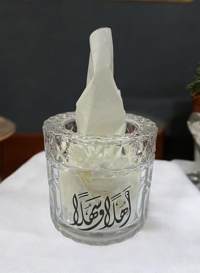 Glass tissue box with multiple phrases: Welcome, You have honored us, and You have enlightened us. - Image 1