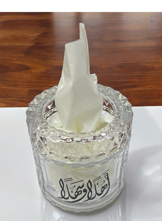 Glass tissue box with multiple phrases: Welcome, You have honored us, and You have enlightened us. - Image 2