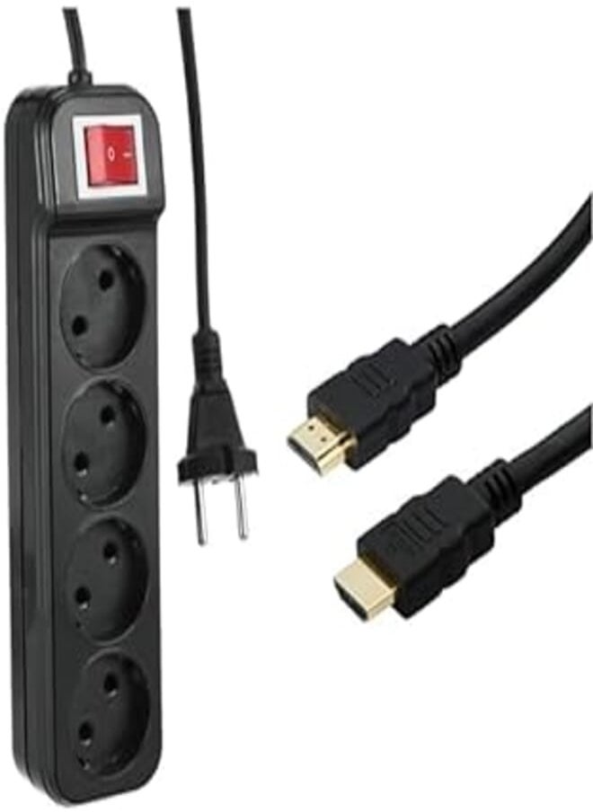 Generic TV Essential Bundle (Zero z20 power strip joint 4 sockets with power button - black, 1.5m + Keendex kx 2509 high-speed digital video with audio hdmi cable 4k, 10 meters - black, Ethernet) 