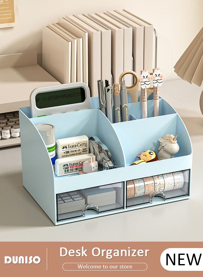 DUNISO Desk Organizer and Accessories with 2 Drawers and 6 Compartments, Plastic Makeup Organizer, Mini Pen Holder for Desktop Storage, Desk Organization for School, Home, Office Supplies - Image 1