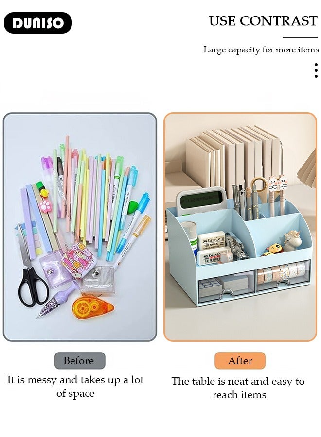 DUNISO Desk Organizer and Accessories with 2 Drawers and 6 Compartments, Plastic Makeup Organizer, Mini Pen Holder for Desktop Storage, Desk Organization for School, Home, Office Supplies - Image 3