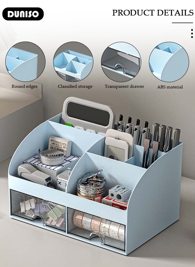 DUNISO Desk Organizer and Accessories with 2 Drawers and 6 Compartments, Plastic Makeup Organizer, Mini Pen Holder for Desktop Storage, Desk Organization for School, Home, Office Supplies - Image 2