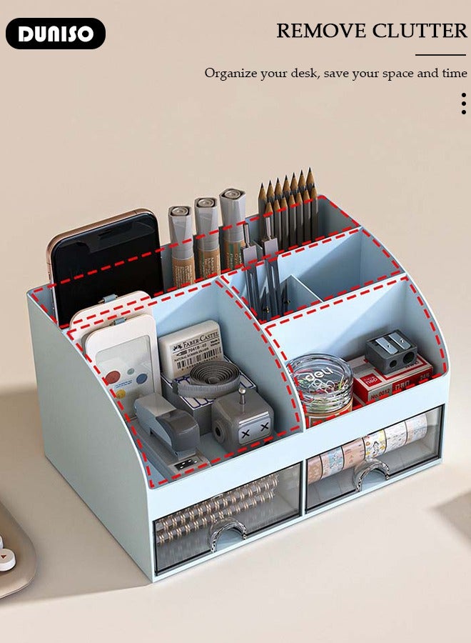 DUNISO Desk Organizer and Accessories with 2 Drawers and 6 Compartments, Plastic Makeup Organizer, Mini Pen Holder for Desktop Storage, Desk Organization for School, Home, Office Supplies - Image 5