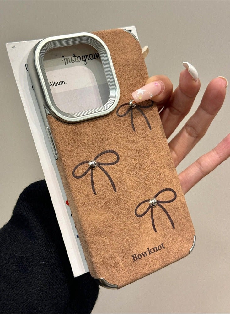 NIBEMINENT Leather Brown Bow Protective TPU Case Cover For iPhone 17 Pro, Silver/Bow Tie With Steel Beads