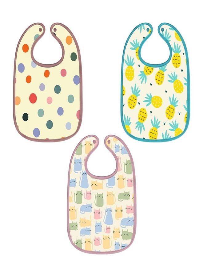 Happy Matty مجموعة مرايل رضاعة الأطفال من هابي ماتي، سريعة الجفاف وقابلة للغسل، 3 قطع، متعددة الألوان، من 0 إلى 3 سنوات، بنقاط البولكا، قطة، أناناس، حجم كبير (28 سم × 20 سم). - Image 1