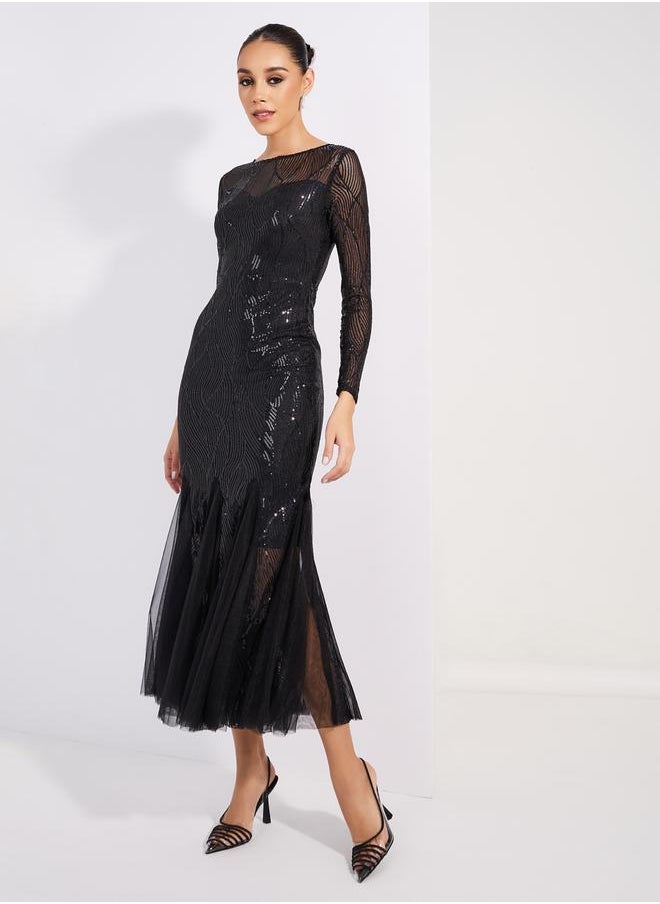 Styli Sequined Mesh Insert Mermaid Fit Maxi Dress  - Image 1