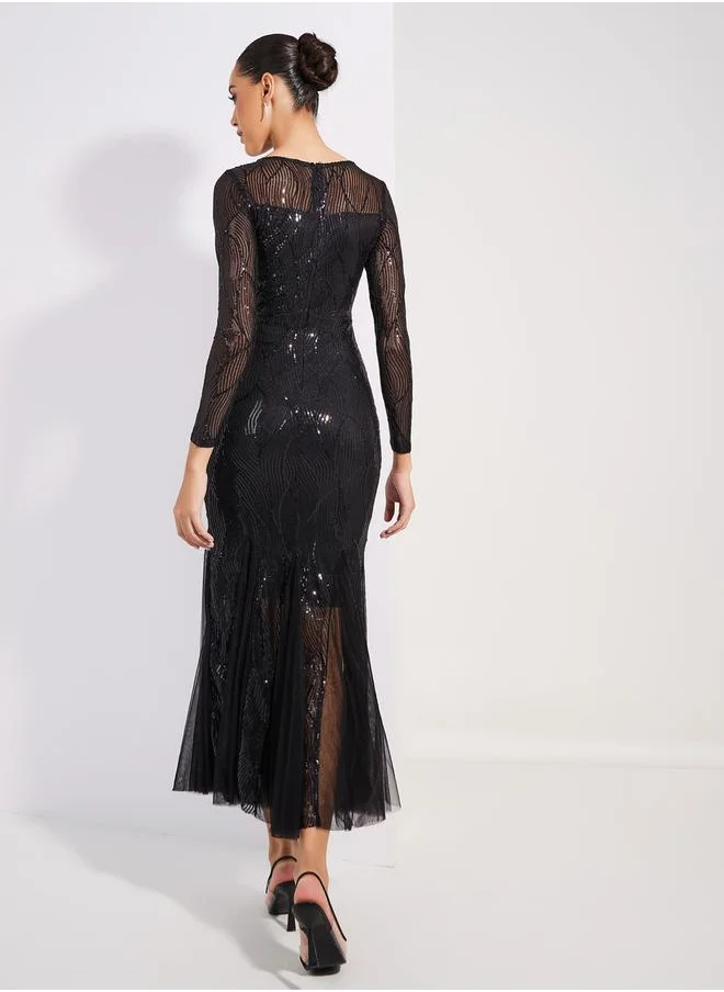 Styli Sequined Mesh Insert Mermaid Fit Maxi Dress