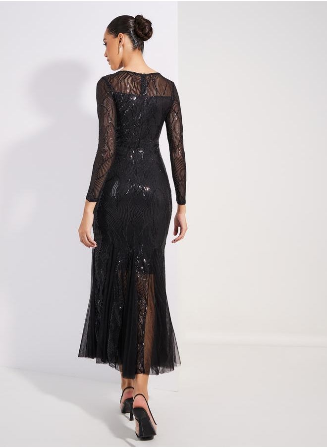 Styli Sequined Mesh Insert Mermaid Fit Maxi Dress  - Image 5
