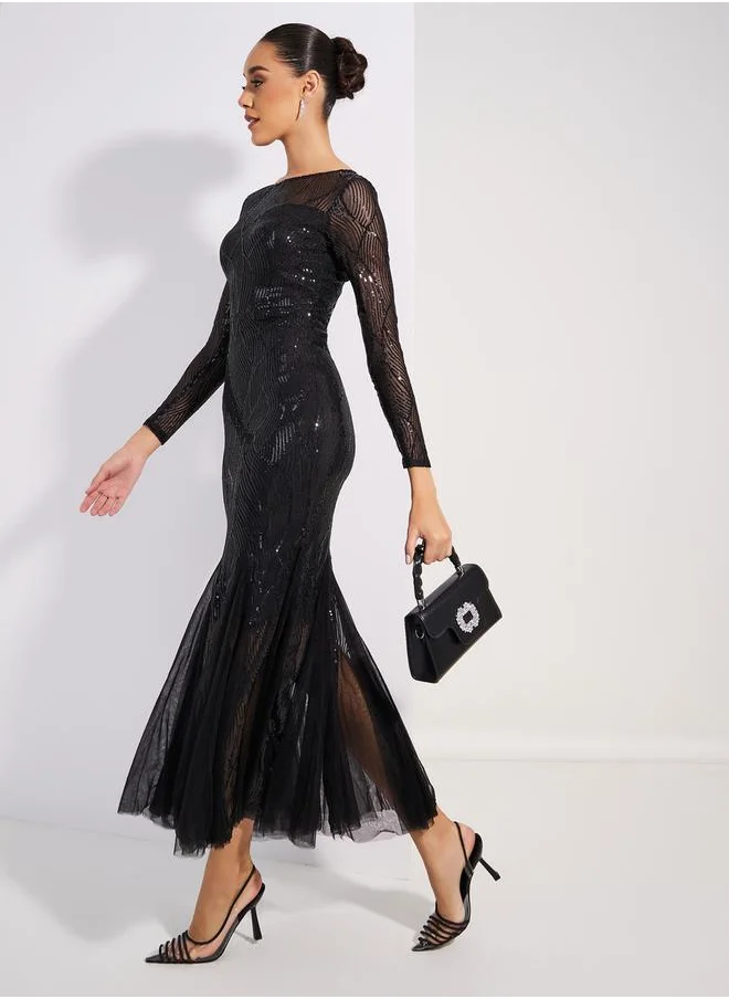 Styli Sequined Mesh Insert Mermaid Fit Maxi Dress