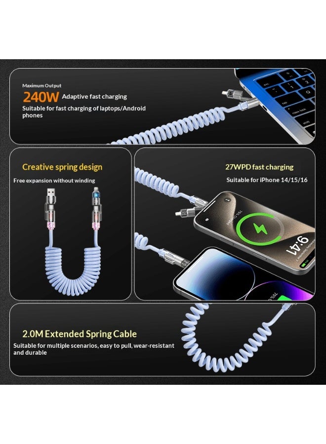 BASEMO 240W 4-in-1 Car Spring Aromatherapy Fast Charging Cable, Retractable Multi Charger Cord for iPhone Huawei Android, Zinc Alloy Super Fast Charging Cable Support CarPlay, Car Interior Accessories - Image 2