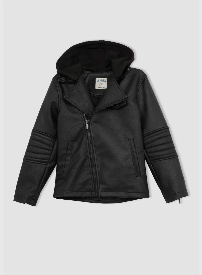 DeFacto Long Sleeve Faux Leather Hooded Jacket