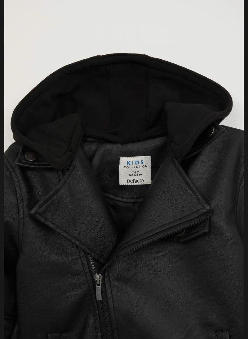 DeFacto Long Sleeve Faux Leather Hooded Jacket