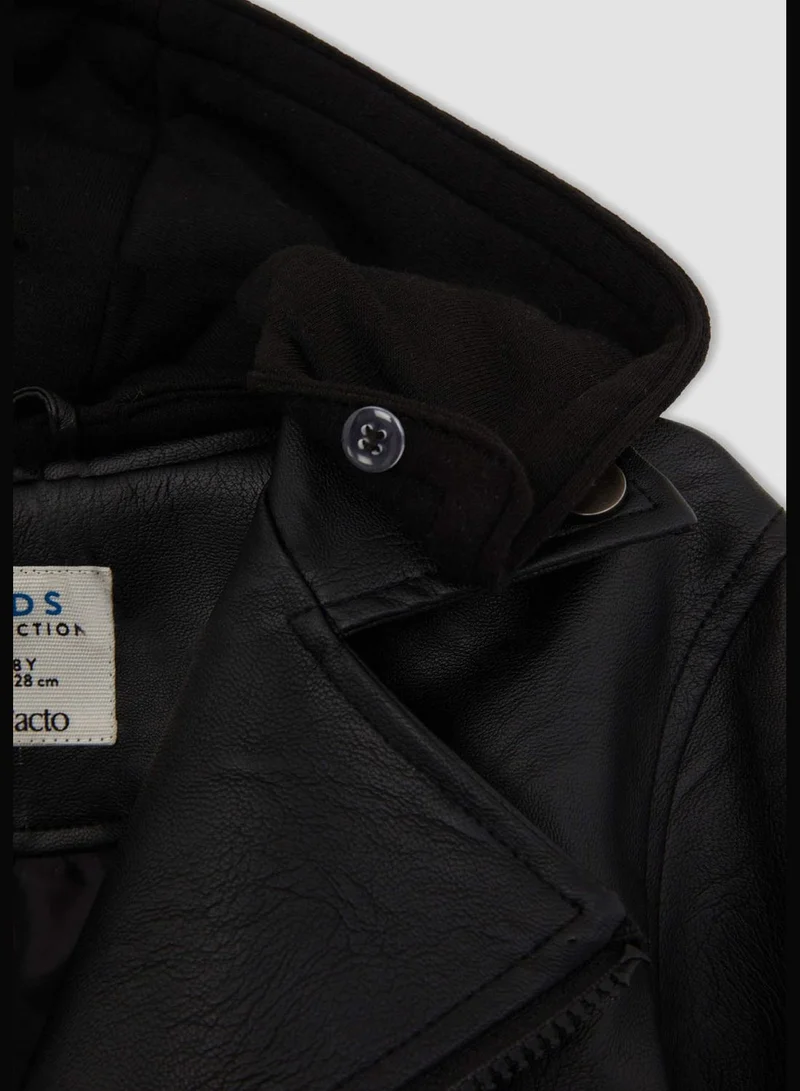 DeFacto Long Sleeve Faux Leather Hooded Jacket
