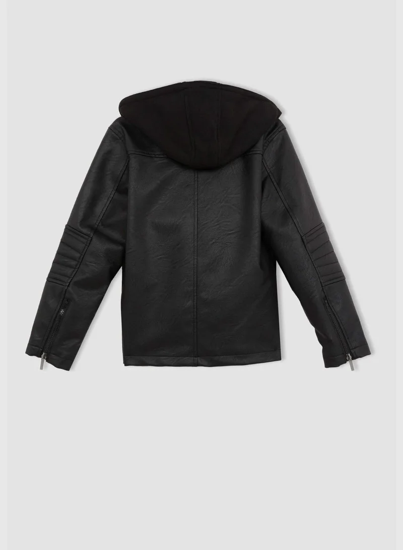 DeFacto Long Sleeve Faux Leather Hooded Jacket
