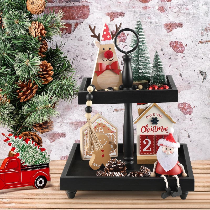 SYNCVIBE Tiered Tray Stand, Rustic Wooden 2 Tier Decorative Tray with Bead Garland, Farmhouse Square Wood Serving Tray Counter Centerpiece for Coffee Bar Home Decor Holiday Holloween Housewarming Gifts (Black) - Image 5