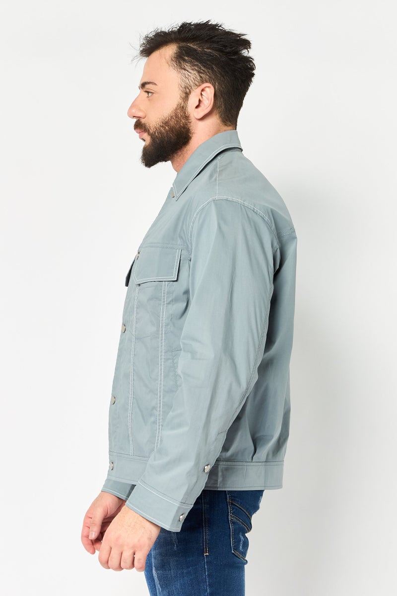SELECTED Men Spread Collar Solid Shirt Jacket, Grey - Image 3