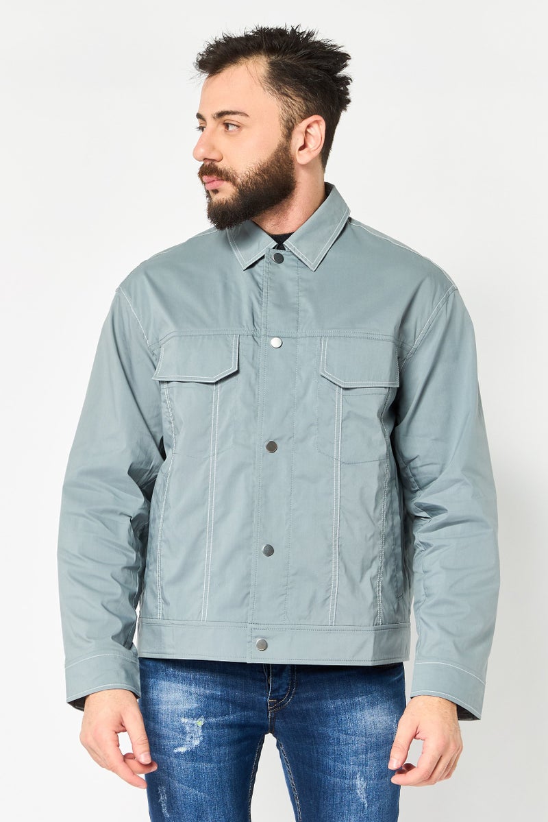 SELECTED Men Spread Collar Solid Shirt Jacket, Grey - Image 1