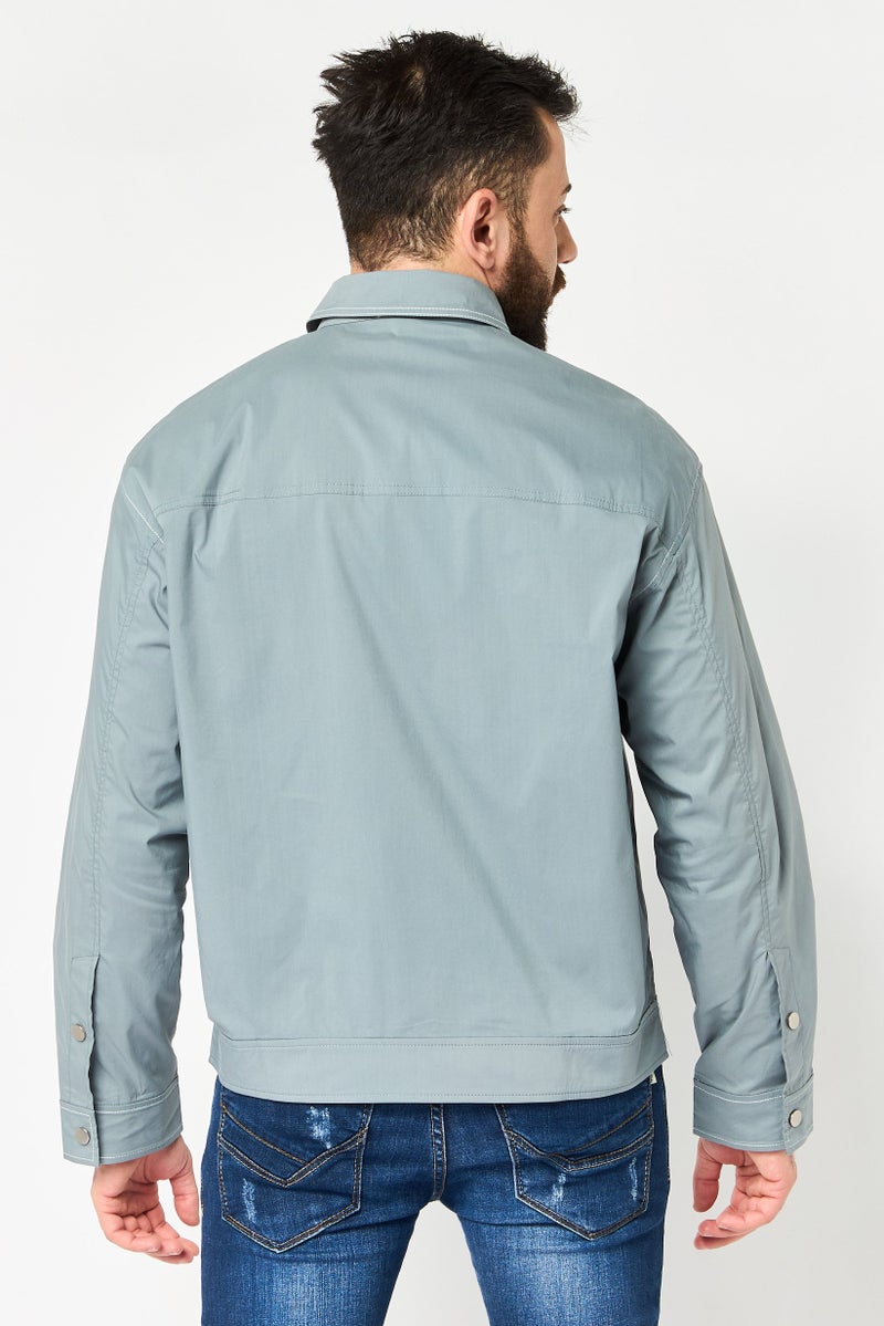 SELECTED Men Spread Collar Solid Shirt Jacket, Grey - Image 4