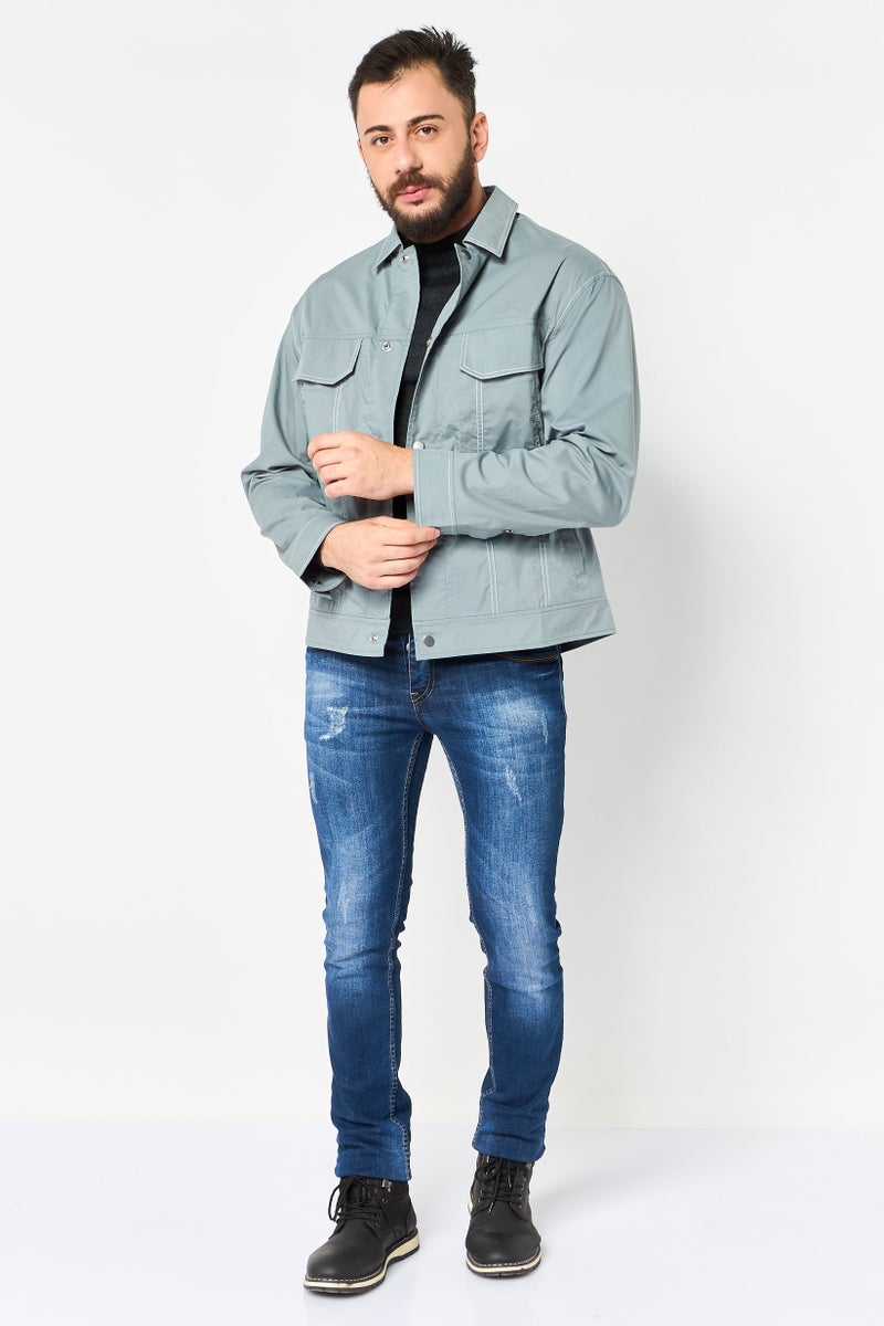 SELECTED Men Spread Collar Solid Shirt Jacket, Grey - Image 2