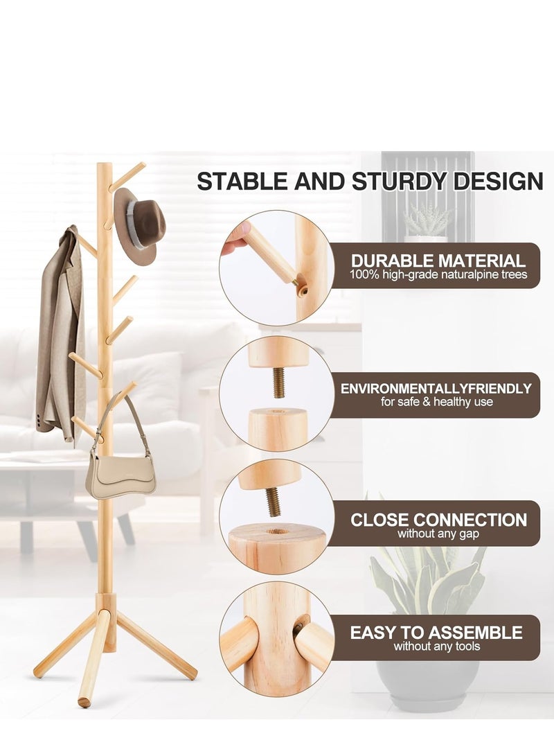 Generic Coat Rack, Freestanding Coat Rack with 8 Hooks and 3 Adjustable Size Tree Coat Racks for Bedroom, Hallway, Entrance, Office, for Hats, Coats, Scarves, Handbags (Wood color)  - Image 4