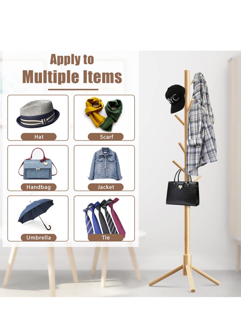 Generic Coat Rack, Freestanding Coat Rack with 8 Hooks and 3 Adjustable Size Tree Coat Racks for Bedroom, Hallway, Entrance, Office, for Hats, Coats, Scarves, Handbags (Wood color)  - Image 1