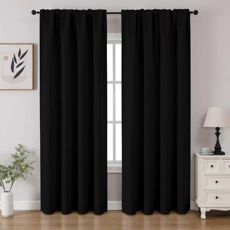 CUCRAF Black Blackout Curtains 90 inch Length 2 Panels Set, Rod Pocket Room Darkening Drapes for Bedroom Living Room, Insulated Thermal Light Blocking Window Curtain (W52 x L90 Inch) - Image 1