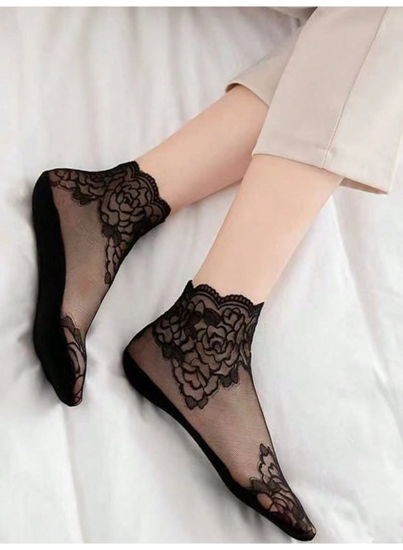 Women’s Sheer Floral Lace Socks, Thin Short Fashion Socks for Dresses, Daily Wear and Summer Outfits, 1 Pair - Image 3