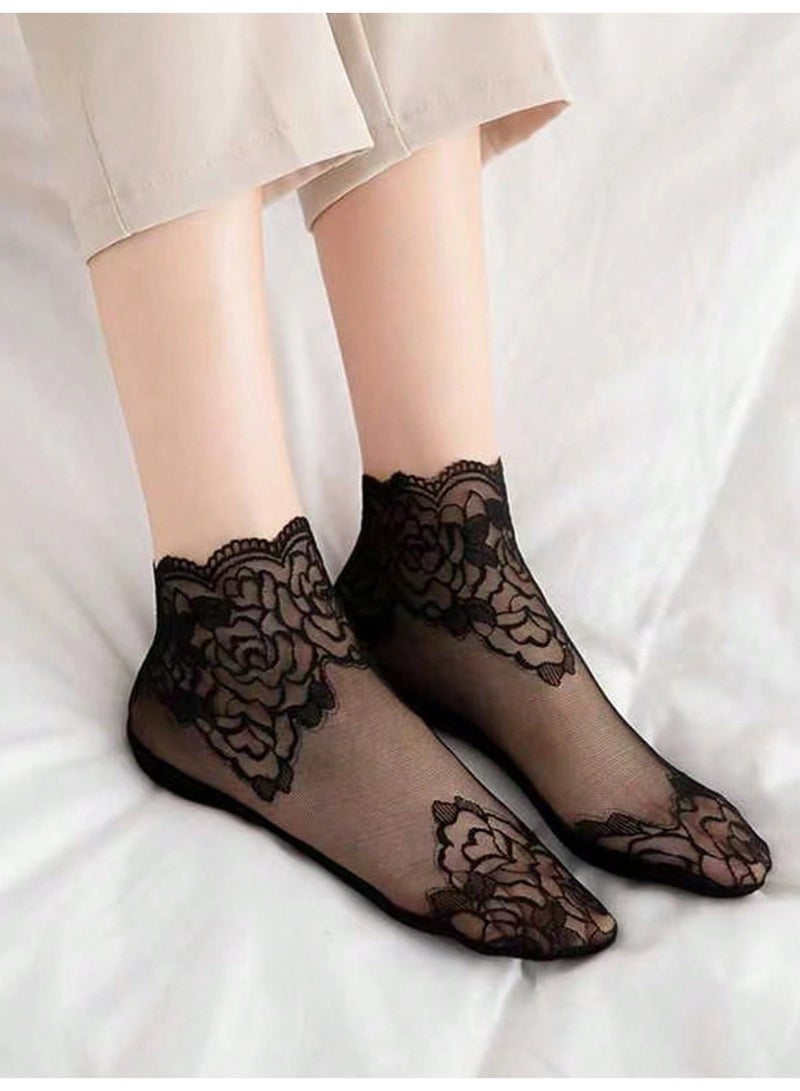 Women’s Sheer Floral Lace Socks, Thin Short Fashion Socks for Dresses, Daily Wear and Summer Outfits, 1 Pair - Image 1