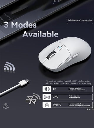 ماوس قيمنق X3 PRO BT/2.4G لاسلكي/سلكي، ماوس 4K/8K هرتز، 49 جرام خفيف الوزن للغاية، مستشعر ألعاب PixArt PAW3395، 6 نقاط في البوصة قابلة للتعديل حتى 26000، بطارية تدوم 200 ساعة (أبيض) - view 4