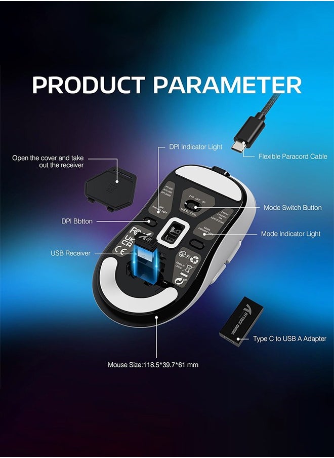 هجوم القرش ماوس ألعاب X3 PRO BT/2.4G لاسلكي/سلكي، ماوس 4K/8K هرتز، 49 جرام خفيف الوزن للغاية، مستشعر ألعاب PixArt PAW3395، 6 نقاط في البوصة قابلة للتعديل حتى 26000، بطارية تدوم 200 ساعة (أبيض)  - Image 5