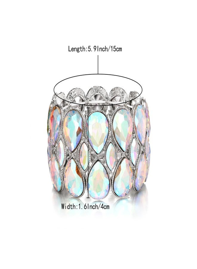 BriLove Wedding Bridal Stunning Crystal Double Row Water Drop Marquise Cluster Stretch Bangle Bracelet for Women Bride Iridescent AB Silver-Tone - Image 5