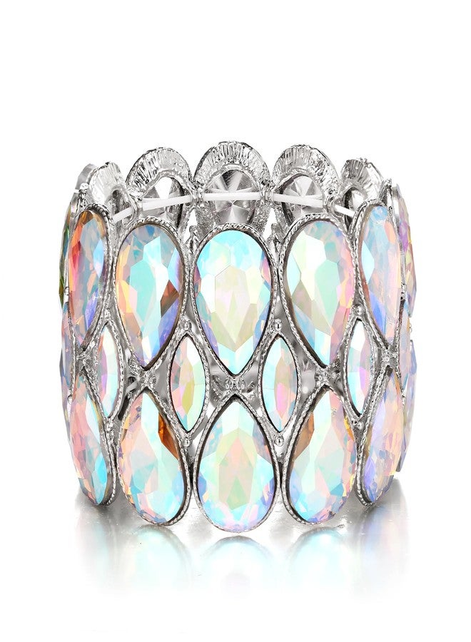 BriLove Wedding Bridal Stunning Crystal Double Row Water Drop Marquise Cluster Stretch Bangle Bracelet for Women Bride Iridescent AB Silver-Tone - Image 1