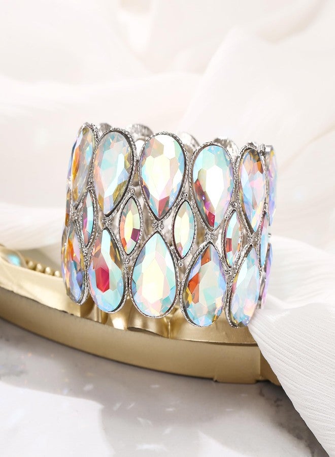 BriLove Wedding Bridal Stunning Crystal Double Row Water Drop Marquise Cluster Stretch Bangle Bracelet for Women Bride Iridescent AB Silver-Tone - Image 4
