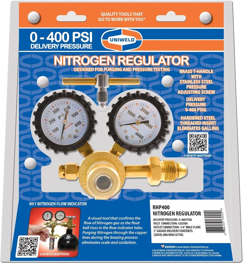 UNIWELD RHP400 Nitrogen Regulator with 0-400 PSI Delivery Pressure, CGA580 Inlet Connection and 1/4-Inch Male Flare Outlet Connection - Image 5