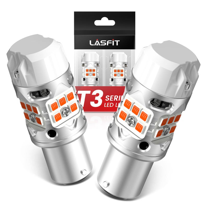 لمبة LED LASFIT T3 1157 أمبر مع مقاوم مدمج إشارة انعطاف صفراء خالية من أخطاء CANBUS 500 وميض ساطع 1157A 1157NA 2057 2357 2357A 7528 1034 BAY15D ضوء DRL أمامي ضوء موقف مضاد للوميض السريع 2 قطعة