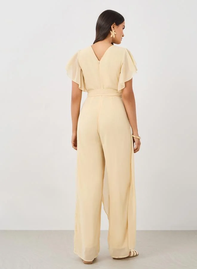 Styli Styli Ruffled Sleeve V-Neck Wide Leg Jumpsuit